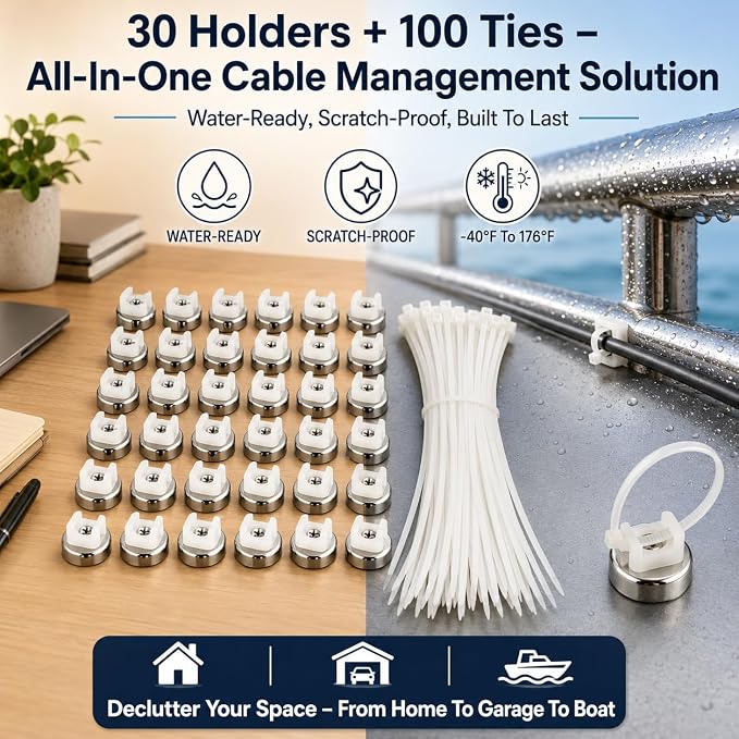 Magnetic Cable Zip Tie Mounts Kit, 30 Pcs Holders with 100 Pcs Cable Ties, Heavy-Duty Magnetic Wire Management for Desk, Office, Home, Automotive, Marine, Multipurpose Cable Clips Organizers, Silver