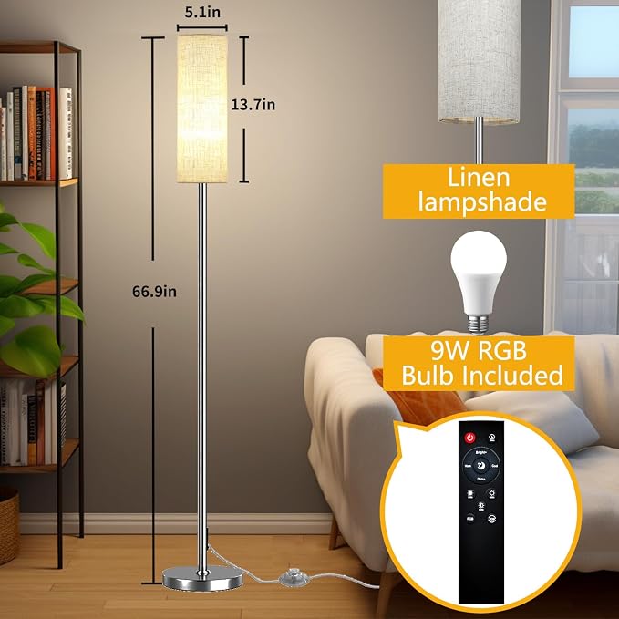 Qaubauyt Smart LED Floor Lamp with APP Control & RGB Colors - Dimmable Standing Lamp for Living Room, Bedroom, Gaming - Remote, Timer, 9W Bulb Included, 67" Modern Tall Lamp (Silver Beige)