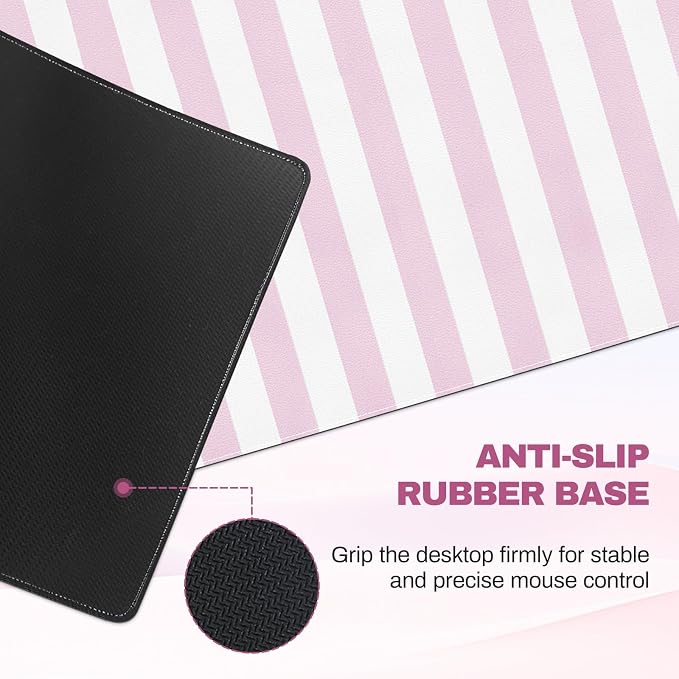 Pink Striped Desk Mat Cute Large Mouse Pad Kawaii Extended PU Leather Mat for Home Office Desk Decor for Women Cozy Gaming Keyboard Pad 35.4 X 15.7inch