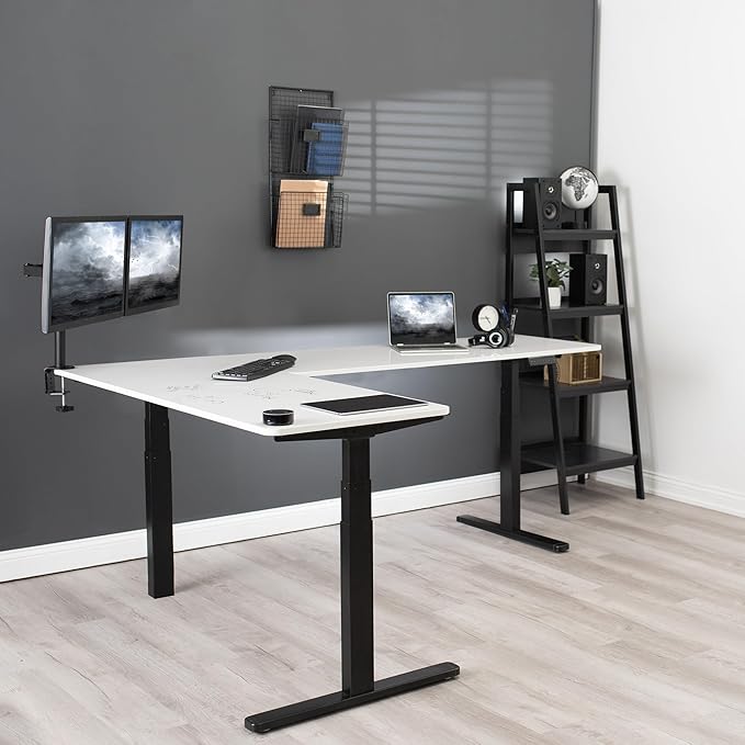 VIVO Electric Height Adjustable 83 x 60 inch Corner Stand Up Desk, 2 White Dry Erase Solid Table Tops, Black Frame, Memory Controller, L-Shaped Workstation, 3E Series, DESK-KIT-3E8BWE