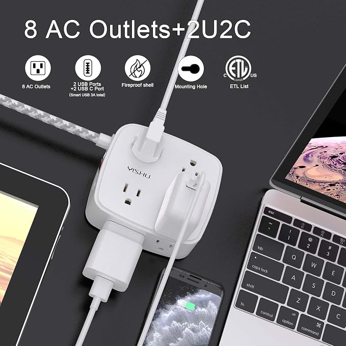 Surge Protector Power Strip - YISHU 8 Outlets with 4 USB (2 USB C) Charging Ports, 5Ft Braided Extension Cord, Flat Plug Multi Plug Outlet Extender Charging Station for Home Office, ETL, White