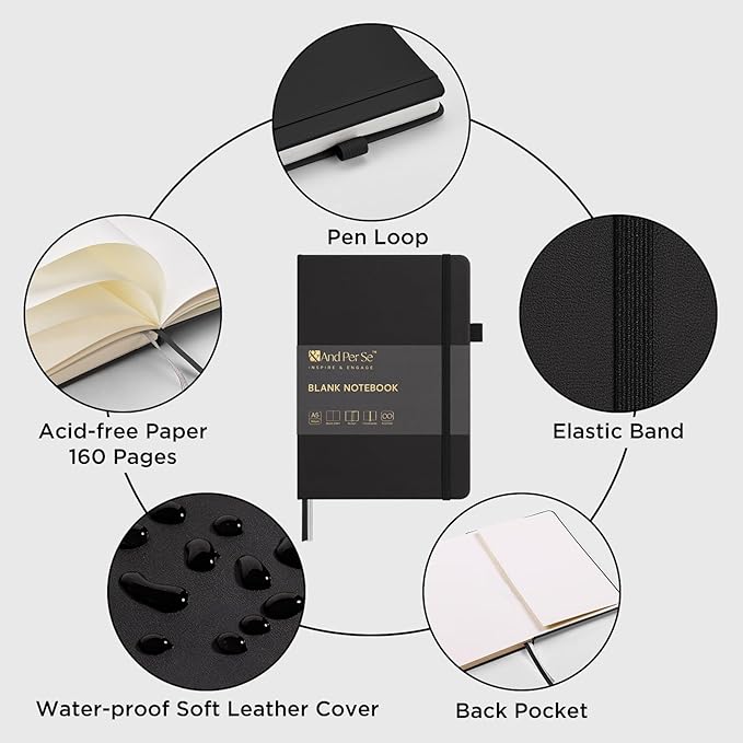 &And Per Se Blank Sketch Notebook, A5 Hardcover, 160 Pages 100gsm Thick Paper, Unlined Journal for Drawing, Doodling, Hand Lettering – Creative Gift for Artists, Designers, Writers (Black)