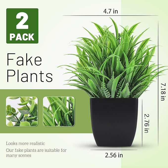 Der Rose 2 Pack Fake Plants Small Artificial Potted Plants Faux Plants Black Bathroom Accessories for Home Office Desk Bathroom Decor Indoor