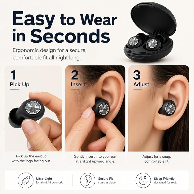 45dB Ear Plugs for Sleeping, Soft Silicone for Side Sleepers, 4 Sizes | Reusable soft silicone with XS/S/M/L sizes for side sleepers, concerts, flights and hotels; carrying case included.