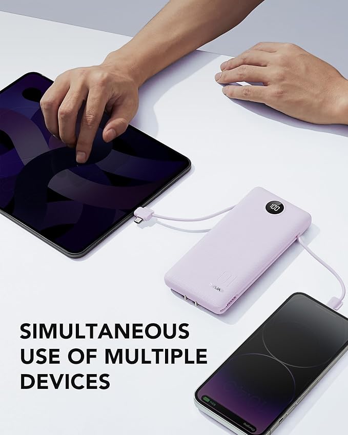 VRURC Portable Charger Built-in Cables and AC Wall Plug,Power Bank 10000mAh | Travel Essentials Phone Charger Compact Lightweight External Battery Pack for Smart Phones, Tablets etc (Purple)