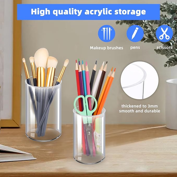 2-Pack Acrylic Pen Holder, Clear Desk Organizer | Clear Pen Cup, Versatile Storage For Office Vanity, Sturdy Cylinder Shape