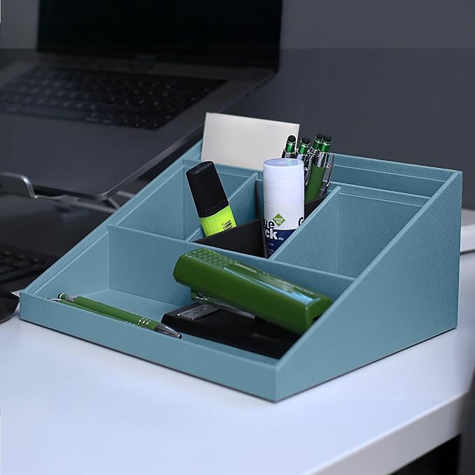 Rössler SOHO desk organiser | Multifunctional desk accessory with 6 compartments | Ideal as an office organiser, pen holder or filing system | Space-saving & hand-glued | Colour: Denim