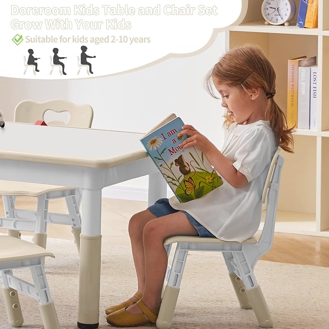 DOREROOM Adjustable Kids Table & 4 Chairs Set, 47.2" L x 23.6" W, Natural | Graffiti Desktop,Table Supports 300 lbs,Toddler Ages 2-8，FSC-certified, Children Activity Table for Daycare, Classroom, Home