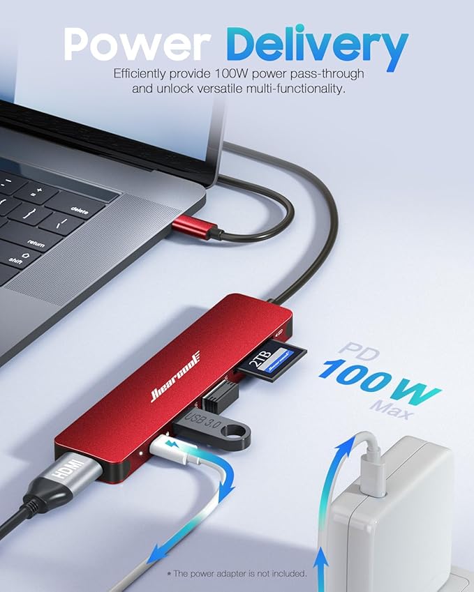 Hiearcool USB C Hub, USB-C to HDMI Multi-Port Adapter for MacBook Pro/Air, 7-in-1 USBC Dongle with 4K HDMI 100W Power Delivery SD/TF Card Reader Type-C Dock for Dell HP Lenovo Laptops-Dark Red