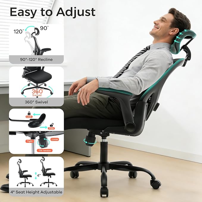 Office Chair,Ergonomic Mesh Computer Desk Chair,Black | 2D Adjustable Lumbar Support,3D Headrest,Adjustable & Flip-Up Armrests,Rolling,Tilting,Swivel,High Back,Executive PC Chair