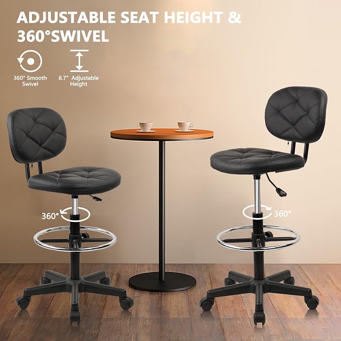 KLASIKA PU Leather Rolling Bar Stool with Wheels and Back, Tall Drafting Stool with Adjustable Height and Footrest, Multi-Purpose Office Desk Chair for Home Kitchen Shop Work, Black (1PK)