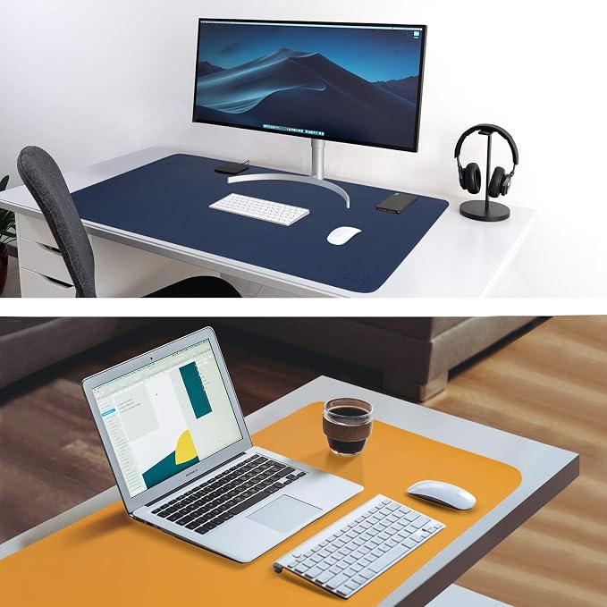 Dark Blue/Yellow Dual-Sided PU Leather Desk Pad, Upgraded Sewing Laptop Mat, Waterproof Large Mouse Pad, Non-Slip Writing/Painting Mat Desk Blotter Protector for Office/Home 31.5"x15.8" (80x40cm)