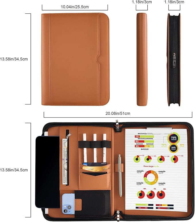 ProCase Portfolio Business Padfolio Folder with Zipper, Conference Meeting Executive File Legal Document Organizer with Pockets Letter Size A4 Writing Pad Notepad Padfolio -Tan