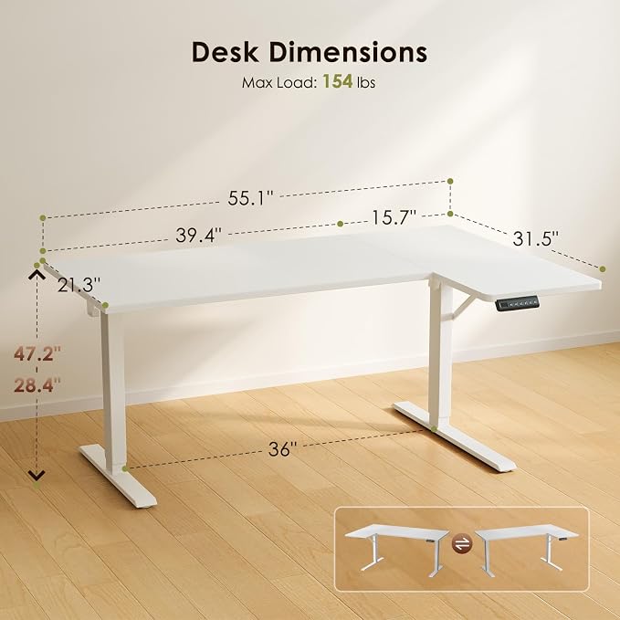 OffiGo Electric L Shaped Standing Desk, 55 Inches Height Adjustable Table, Reversible Corner Stand Up Desk, Lifting Computer Table for Home Office, Computer Workstation, White