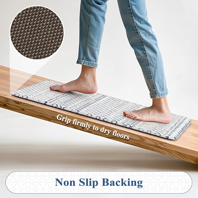 KIMODE Kitchen Mats 2PCS Cushioned Anti Fatigue Boho Kitchen Rugs and Mats Non Slip Waterproof Kitchen Mats for Floor Comfort Foam Standing Desk Mat for Home Office Sink Blue White Laundry Room Decor