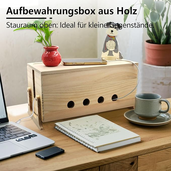 Large Wood Cable Management Box, Natural Cord Organizer 14.2" | Hides power strips & TV wires, 14.2 x 6 x 6.3 inches,Ideal for home & office organization