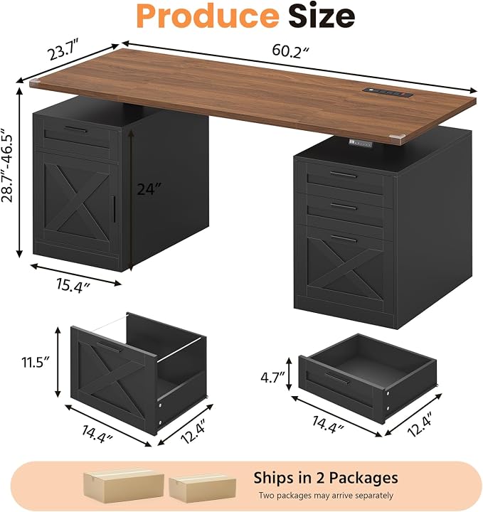 YOMILUVE 60" Farmhouse Electric Standing Desk with Drawers for Home Office | Height Adjustable Computer Desk with 4 Drawers & Storage Shelves, Wood Sit Stand Desk with Power Outlets for Work, Study