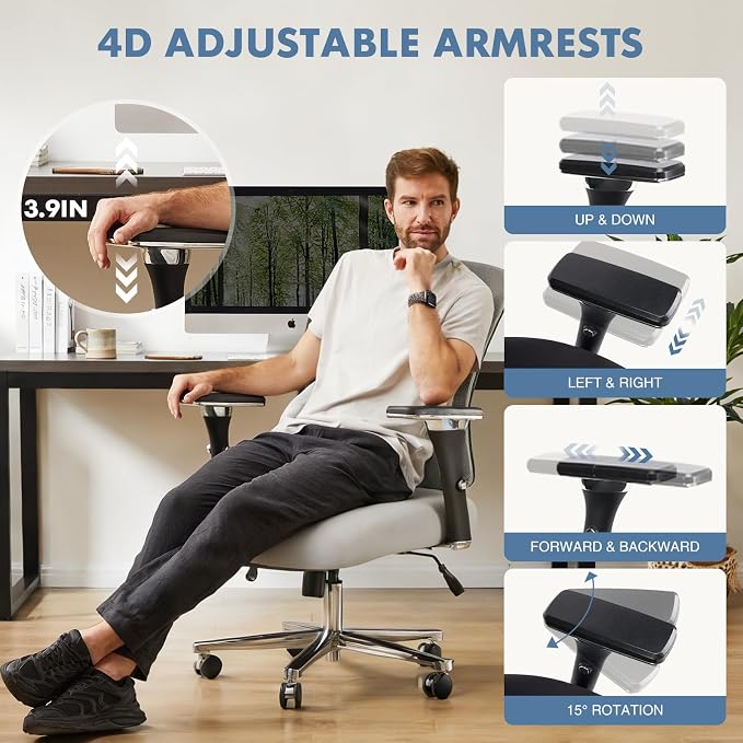 DUMOS Big and Tall Office Desk Chair with Lumbar Support, 500lbs Heavy Duty Mesh Ergonomic Computer Chair with 4D Armrest and Wide Comfy Seat, Swivel Wheels for Adult, Grey