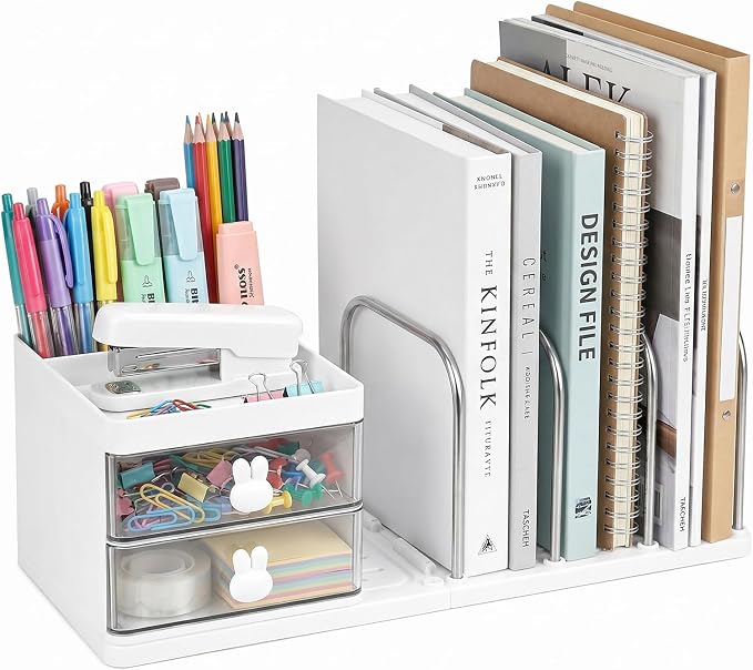 Marte Vanci Desk Organizer with File Holder, Versatile Tidy Organizer with 2 Drawers & Pen Holder, Stationery Storage Rack Detachable Bookends Desktop Caddy for Home Office Supplies Desk Accessories