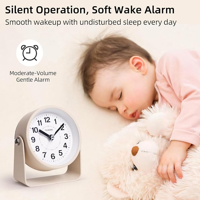 TIMESS Analog Alarm Clock with Snooze & Light, Silent Non-Ticking, Yellow | On-demand light, quartz movement, battery operated, easy to set, gentle wake alarm, bedside clock for home, travel, or office