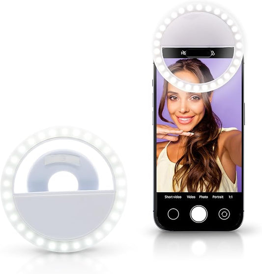 Windy City Novelties Rechargeable LED Selfie Ring Light – Clip-On 3.5” Phone Light for iPhone, Android & Laptops – USB Charging, Adjustable Brightness – Portable Selfie & Video Lighting