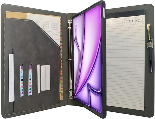 Tablet Organizer Portfolio Case with 3-Ring Binder, Binder Padfolio File Folder with Removable Tablet Holder, Compatible with iPad Air 13" M4/M3/M2 (2026/2025/2024), Gray