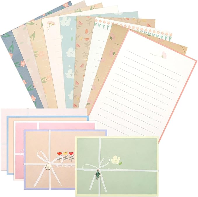 KSIWRE 48 PCS Stationery Paper and Envelopes Set,Cute Floral Stationary Set for Writing Letters,Double Sided Printing,Letter Writing Kit