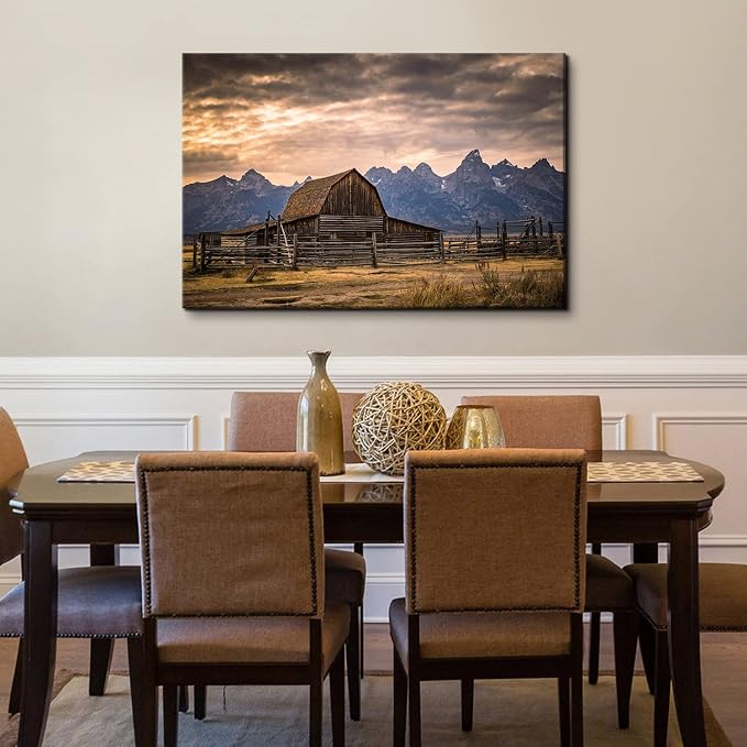 Grand Teton National Park Canvas Wall Art Sunset Moulton Barn Landscape Wall Decor, Wyoming Nature Mountains Scenery Picture Artwork Painting Decoration for Home Living Room Bedroom Kitchen 32x48"