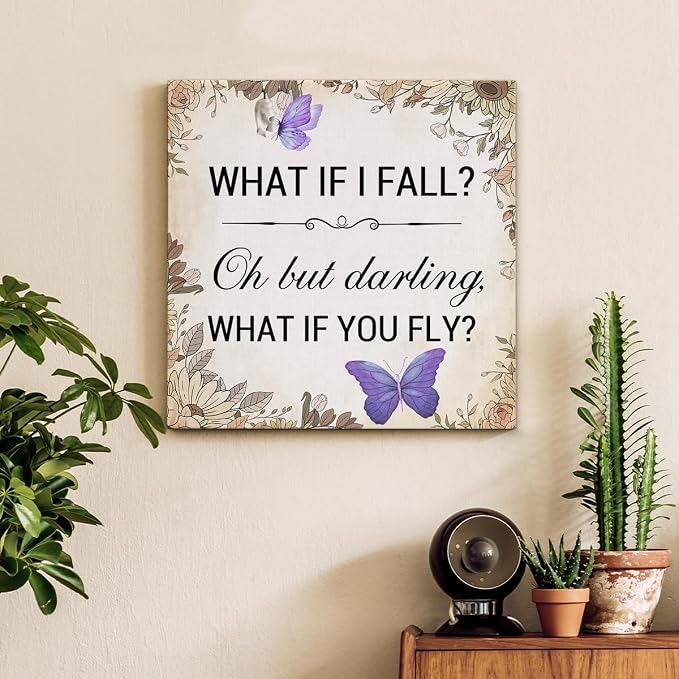 Inspirational Purple Butterfly Wall Art Decor, What If You Fly Motivational Quote Canvas Painting Artwork Picture Posters for Teens Room Bedroom Office (8 X 8 Inches, Framed)