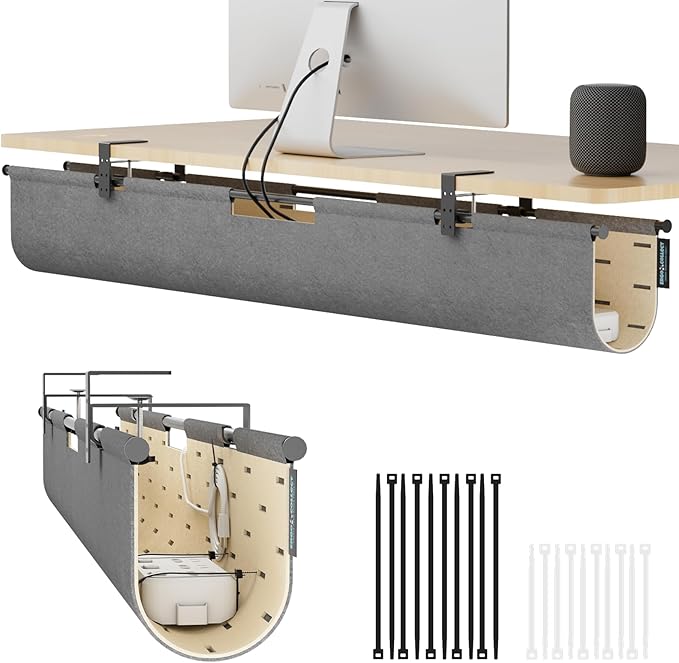 No Drill Under Desk Cable Management Tray, 45.2" Felt Cord Organizer | Clamp/Screw Mount Desk Cable Management, As Standing Desk Privacy Panel, Desk Wire Management for Office, Home