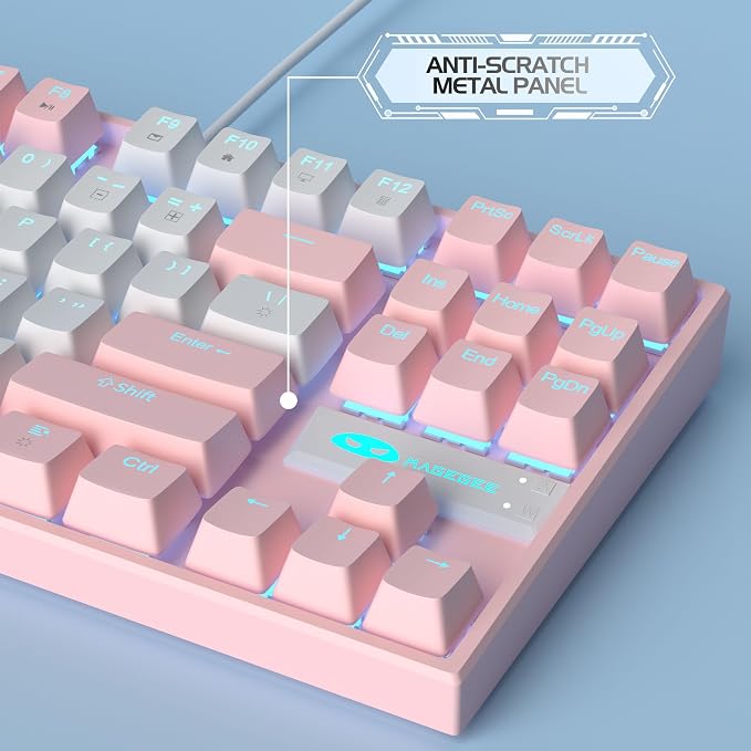 MageGee 75% Mechanical Gaming Keyboard, Red Switch, LED Blue Backlit, 87 Keys Compact TKL Wired Computer Keyboards for Windows Laptop PC Gamer - White/Pink