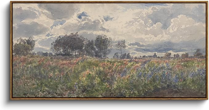 InSimSea Extra Large Framed Vintage Wall Art, Living Room Farmhouse Decor, Watercolor Flower Sky Field Landscape Paintings Canvas Prints, Scenery Long Picture for Bedroom Above of Bed,20x40inch