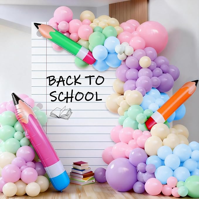 Welcome Back to School Party Decor Rainbow Balloons Arch Kit with Pencil Balloon Backdrop Giant Inflatable Pencil Notebook Photo Props for First Day of School Kindergarten Classroom Supplies(Pastel)