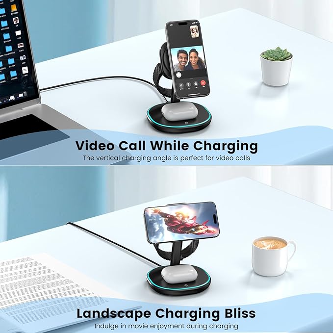 3-in-1 Charging Station, 2X Faster 15W Wireless Charging Station for iPhone 16/15/14/13/12, for Apple Watch, AirPods, Magnetic Wireless Charger with Sleep Friendly Light