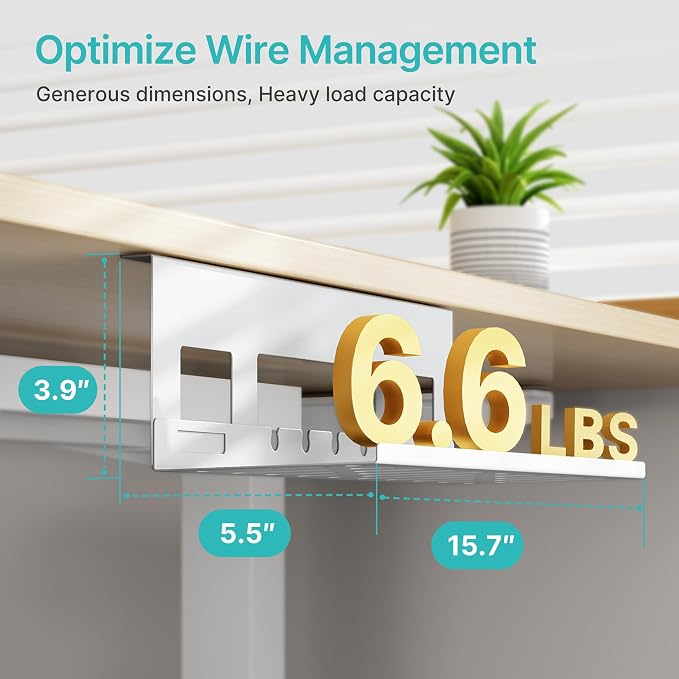Under Desk Cable Management Tray, 15.7'' Screw-Mount Steel Rack | Metal Cord Organizer for Power Strips, Chargers, Reversible Installation, Effortless Wire Management for Home Office, White