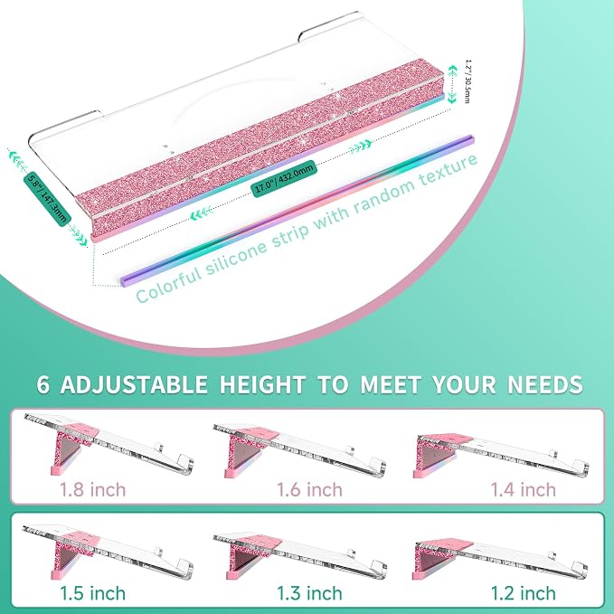 Ergonomic Computer Keyboard Stand - Adjustable Keyboard Riser Tilt Clear and Glitter Pink Acrylic Keyboard Tray Non-Slip Elevated Typing Key Board Holder Lift for Home Office Desk Accessories