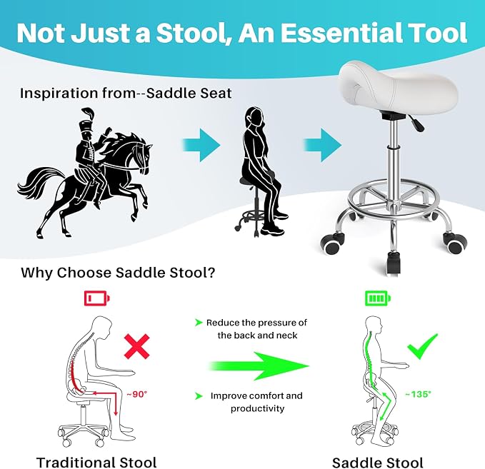 YEEZEE Saddle Stool Ergonomic, Saddle Chair with Wheels, Classic White | Comfortable Wide Thick Saddle Seat Padding, 360°Swivel, Adjustable Height, Ring Pedal Design, for Medical Massage Salon Spa