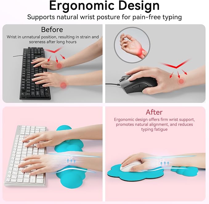 Sushret Cloud Wrist Rest for Computer Keyboard, 4-in-1 Memory Foam Leather Cloud Keyboard Wrist Rest and Mouse Pad Set with Ergonomic Support for Arm and Palm Cushion, Gaming/Work Setup, Scuba Blue