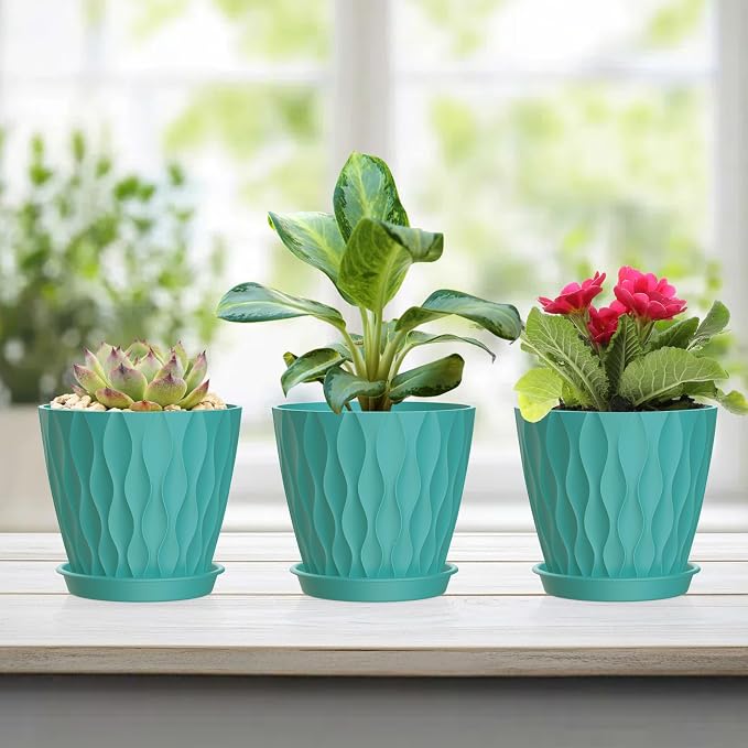 UOUZ 6 Pack 4 Inch Small Plant Pots with Saucers, Waffle Texture Plastic Planters with Drainage Holes for Indoor and Outdoor Plants, Flowers, Herbs, Succulents, and Seedlings, Blue