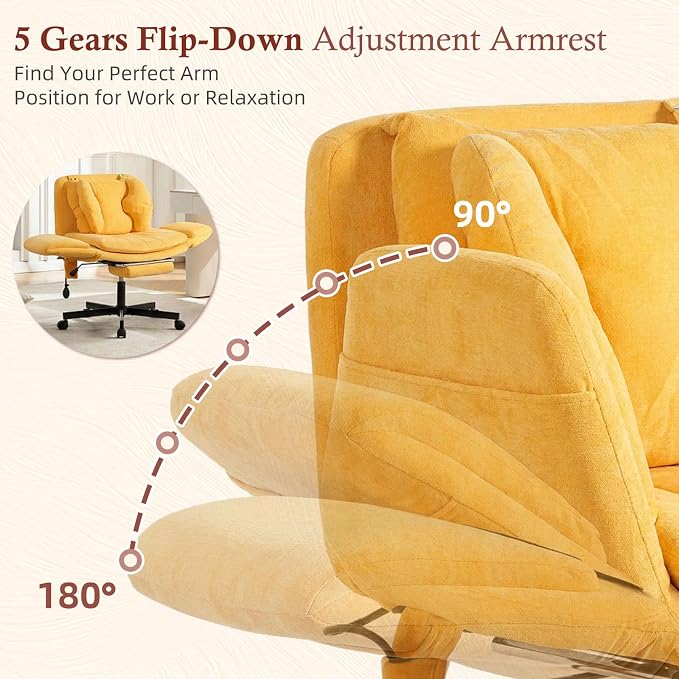 Criss Cross Office Chair with Footrest and 5-Gear Adjustable Arms, Yellow | Wide seat cross-legged desk chair, flip lumbar pillow, airbag support, linen fabric, for home office, vanity and meditation