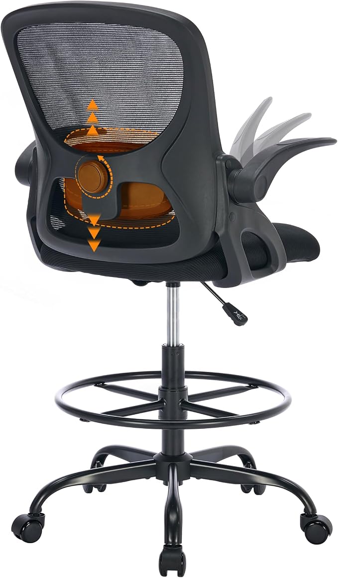 LukkDys Drafting Chair with Arms, Tall Office Chair for Standing Desks | Ergonomic lumbar pad, breathable mesh and foot ring support forward-leaning posture for sewing, crafts and daily studio work.