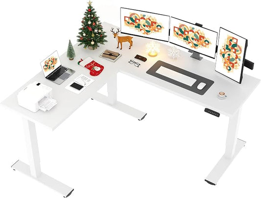 SANODESK L Shaped Standing Desk Adjustable Height, Electric Corner Standing Desk, 71 x 63 inch Sit Stand Computer Table with Splice Board, White