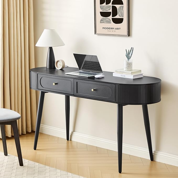AVZEAR 59" Oval Fluted Home Office Desk, Mid Century Modern Computer Desk Wood Writing Desk with 2 Drawers + 2 Flip Storage, Farmhouse Vanity Table Executive Desk for Study, Living Room, Dorm(Black)