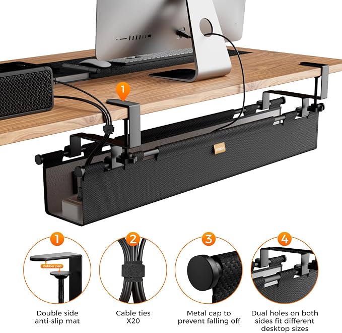 No Drill Thickened Under Desk Cable Management Tray,38.5In,Black | Upgraded Double-Layer Extra Thick Standing Desk Wire Management,Cord Organizer with Clamp/Screw Mount,for Office,Home