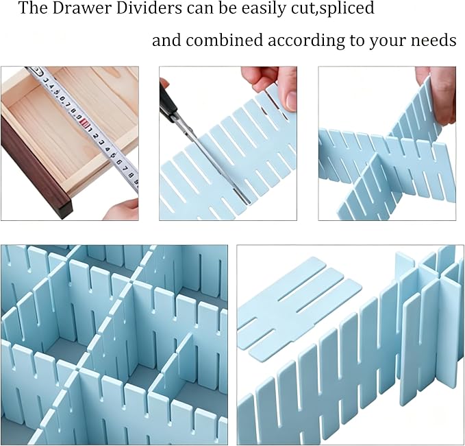 8PCS Adjustable Drawer Dividers Plastic Organizer Separator for Socks Underwear Lingerie Clothes Kitchen Bedroom Bathroom Office (Blue)