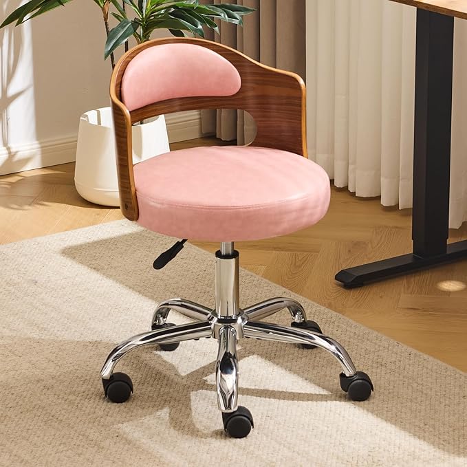 VINGLI Armless Home Office Desk Chair, Adjustable Swivel Chair,Dual-Use with/no Wheels,Small Retro Designed Walnut Curved Task Chair,Cushioned Nail Tech Chair for Study Area,Workspace,PU,Pink