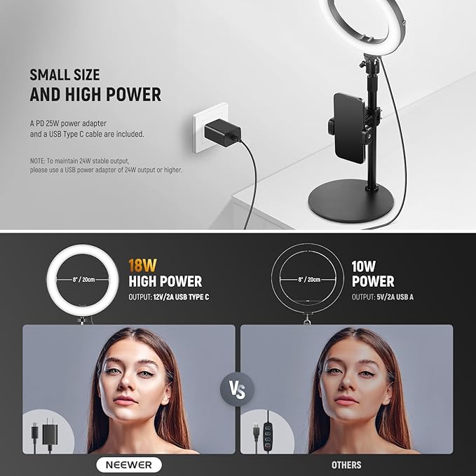 NEEWER 18W 8" Desk Ring Light with Stand, Circle Selfie Light for iPhone Streaming Makeup Video Recording, Video Conference Lighting Kit with Phone Holder for Laptop Computer Zoom Call Podcast, RH8B