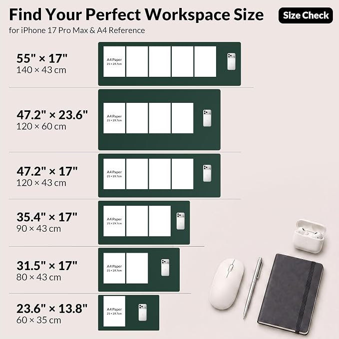 AFIING Cork Desk Mat, Dark Green, 35.4" x 17",Desk pad Protector | Dual-Sided Cork & PU Leather, Large Mouse Pad, Non-Slip & Waterproof