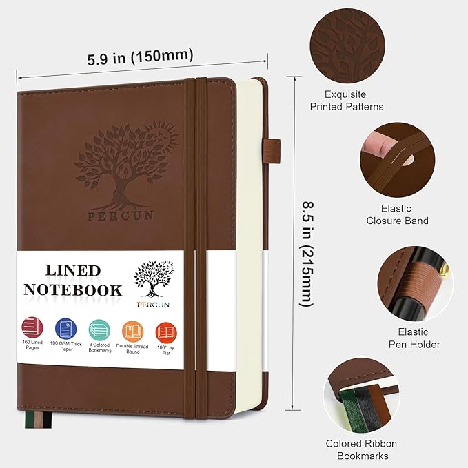 PERCUN Lined Journal Notebook for Men & Women, 160 Pages Leather Journals for Writing, A5 Hardcover Notebooks for Note Taking, Work, School, Business, Travel,Daily Diary 5.9" x 8.5" (Brown)