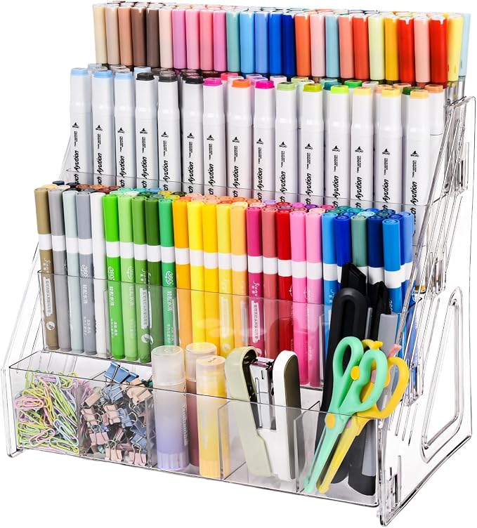 CELSOL Acrylic Marker Organizer – 4 Tier 20 Compartments for Pens, Markers, Art Supplies & Office Essentials – Clear Vertical Desk Storage for Home, Office & School